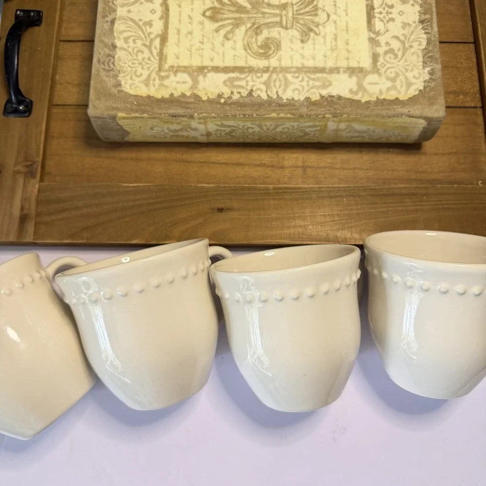 Pottery Barn Emma Off White Beaded Rim Coffee Mugs Set of 4 Made in Portugal